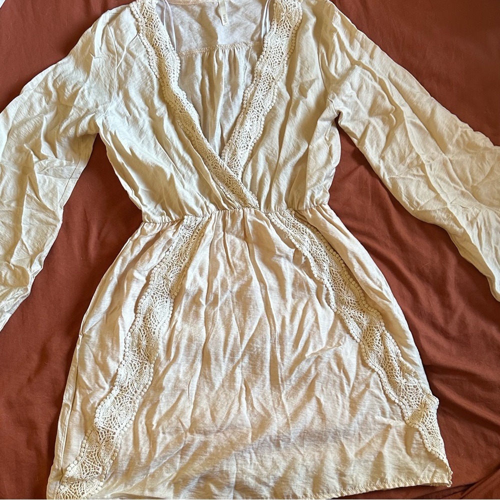 Sage Cream Mini Dress with Crocheted Trim, V-Neck and Bell sleeves, Lined, M